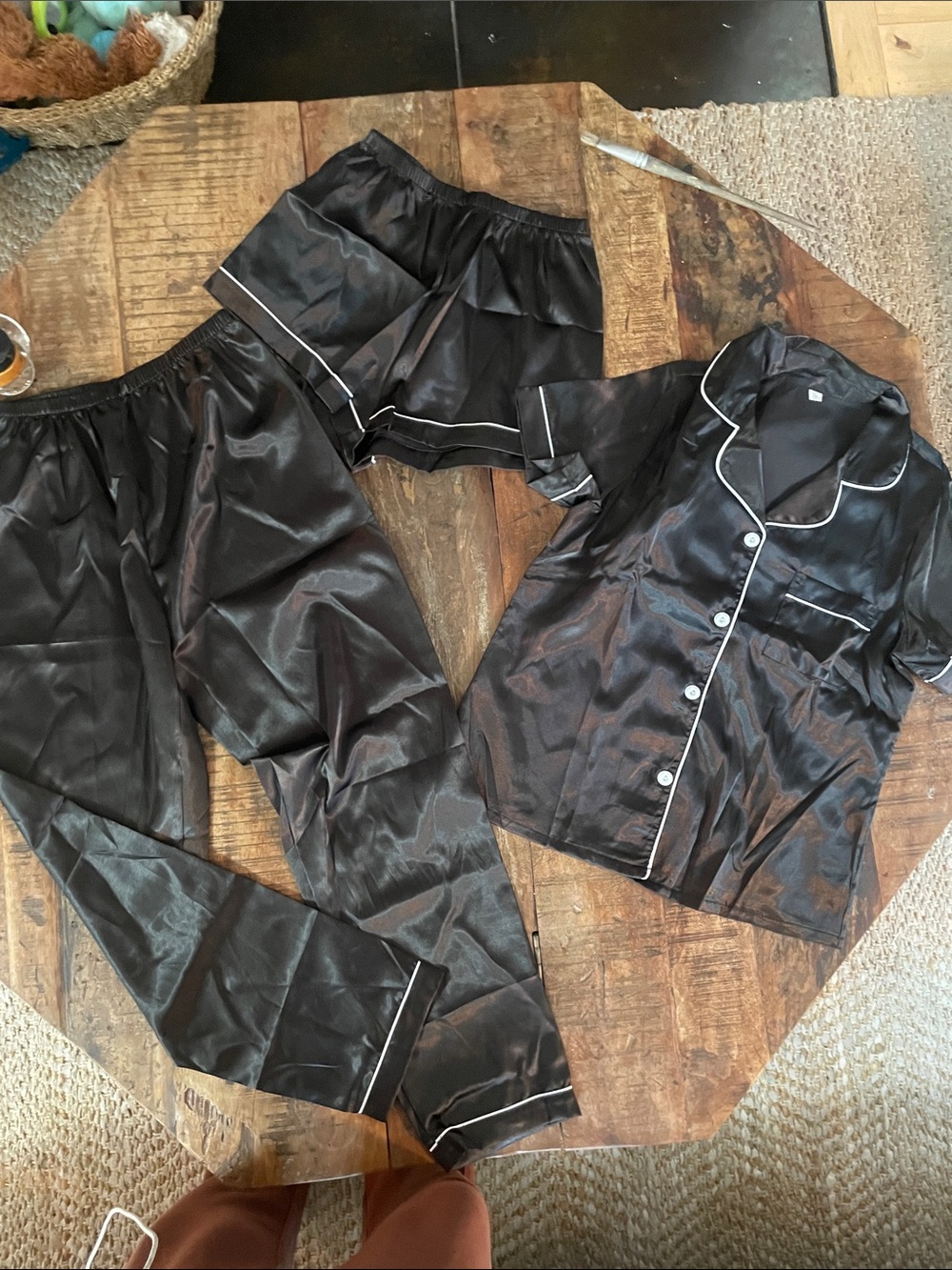Black Satin 3-Piece Pajama Set with White Piping